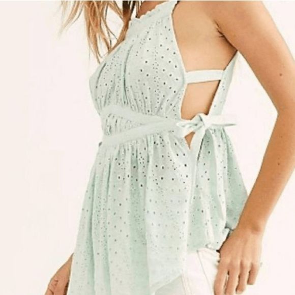Free People Tops - Free People Katie Eyelet Cut Out Tank Top Mint Green Size Medium